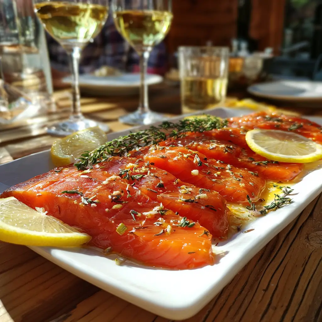 Alder smoked salmon serving with lemon and wine