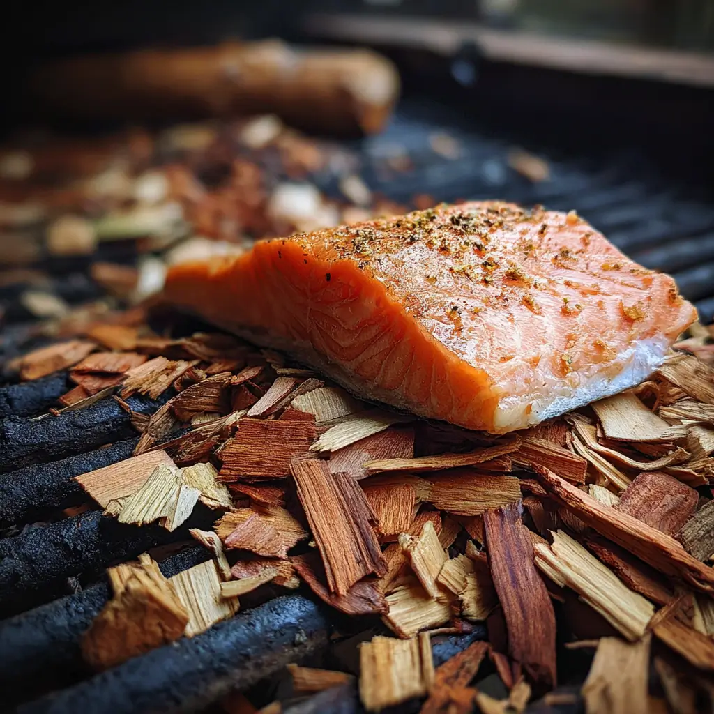 Alder wood chips smoking salmon on grill