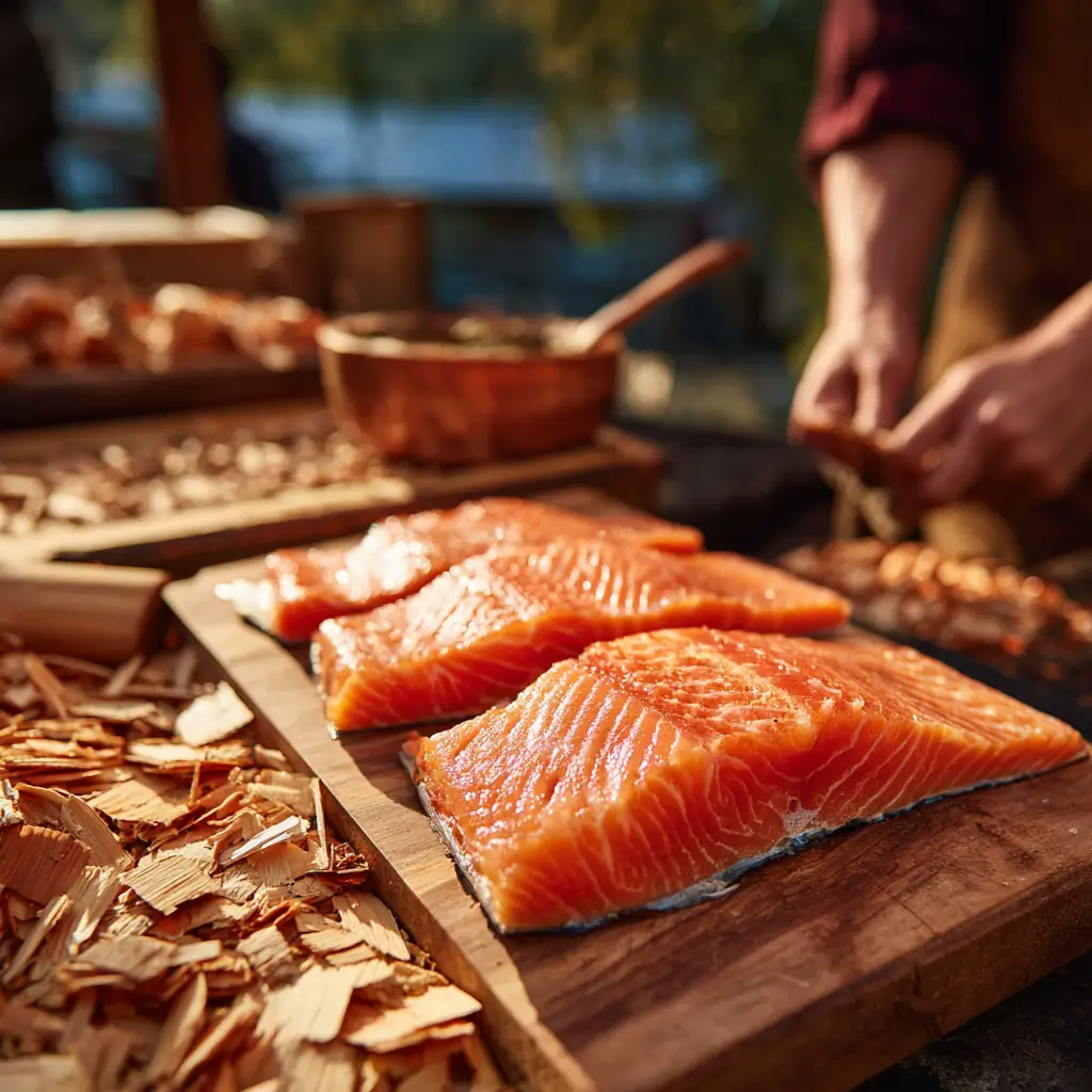 Alder wood for smoking salmon with chips and fresh fillets