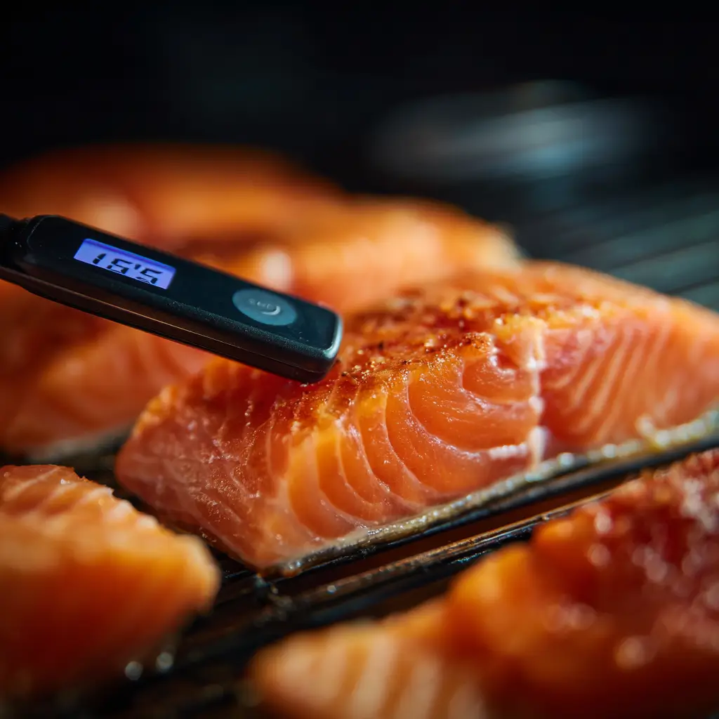 checking internal temperature to know how long to smoke salmon