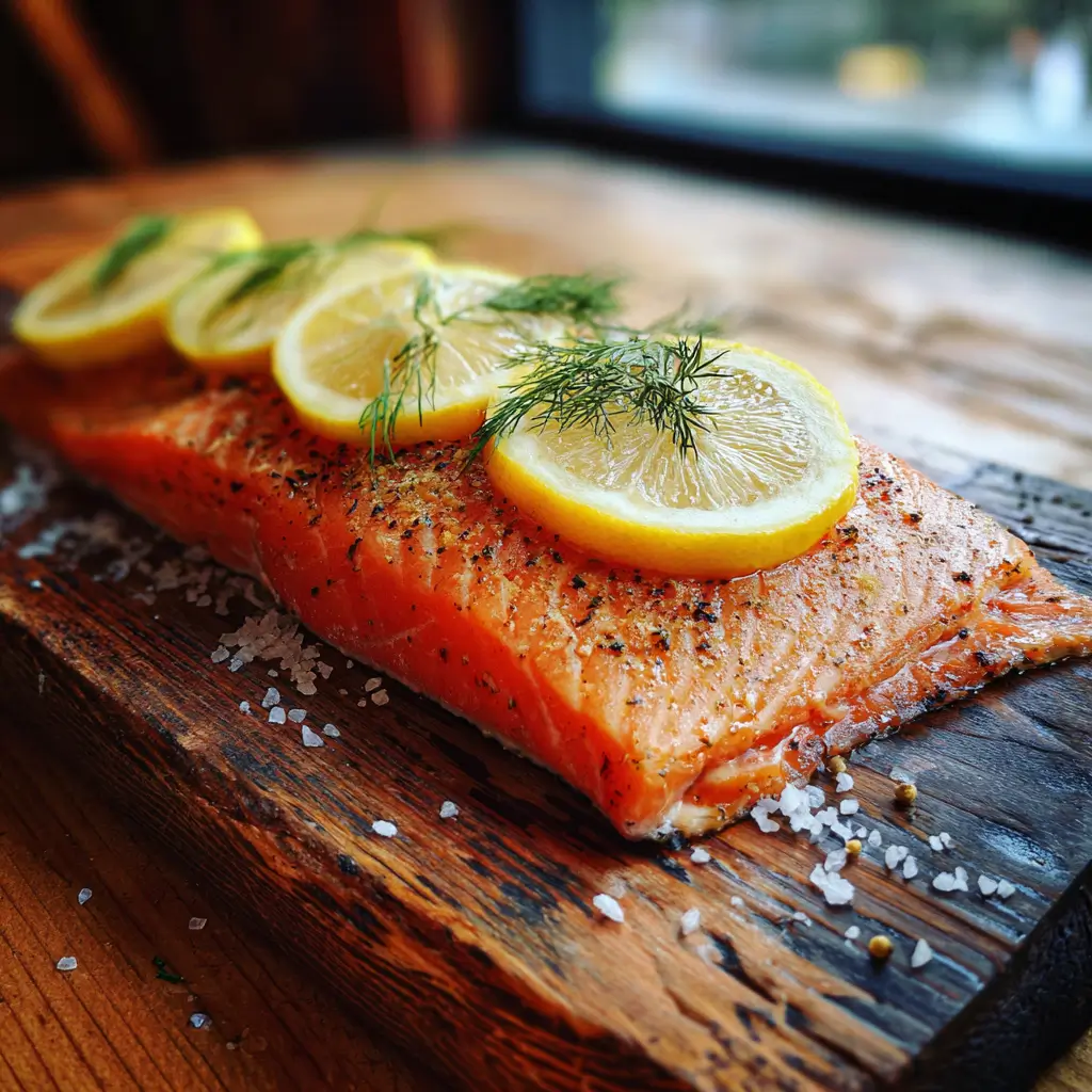 How to use lightly smoked salmon on a wooden board with lemon and dill