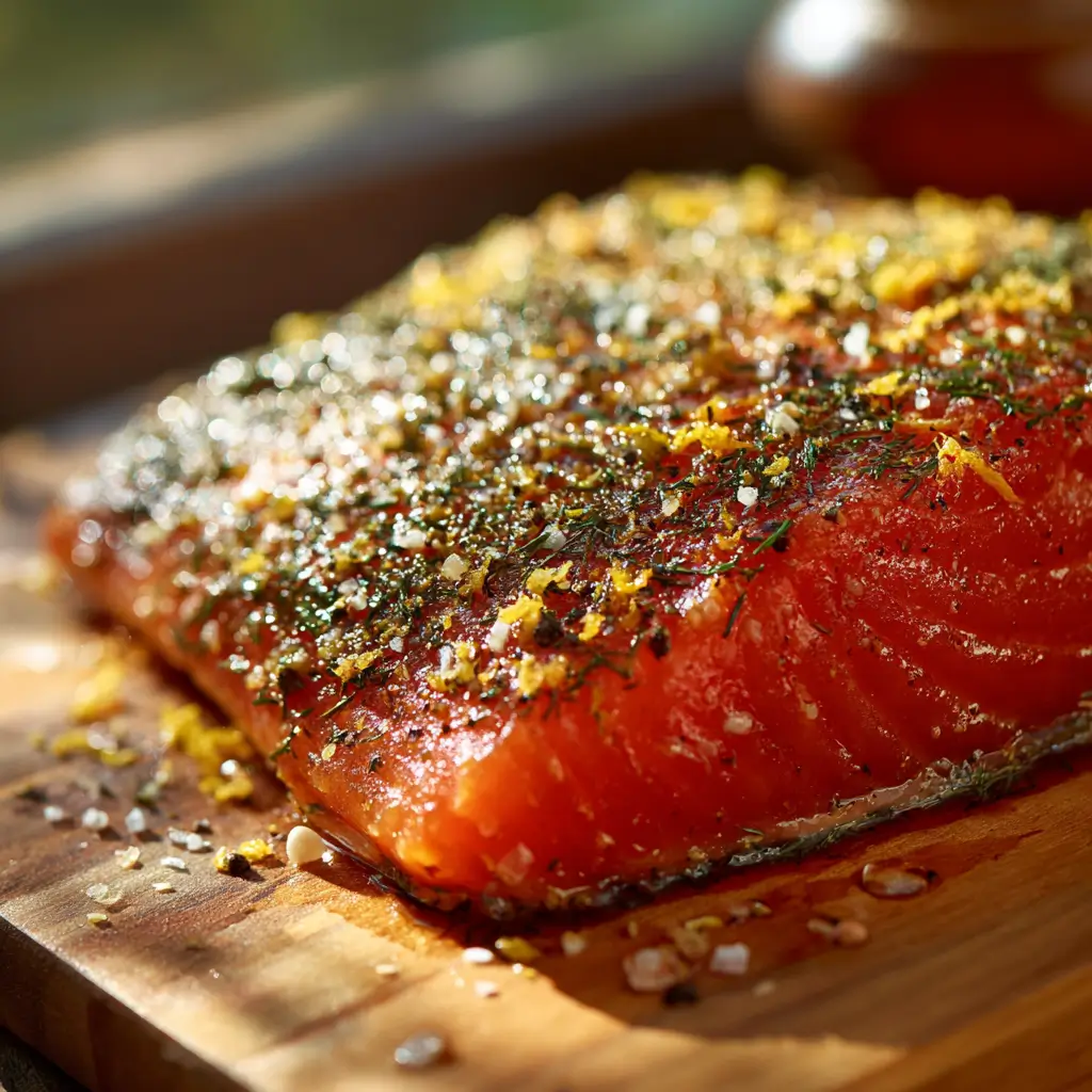 Lemon herb smoked salmon rub with dill and lemon zest