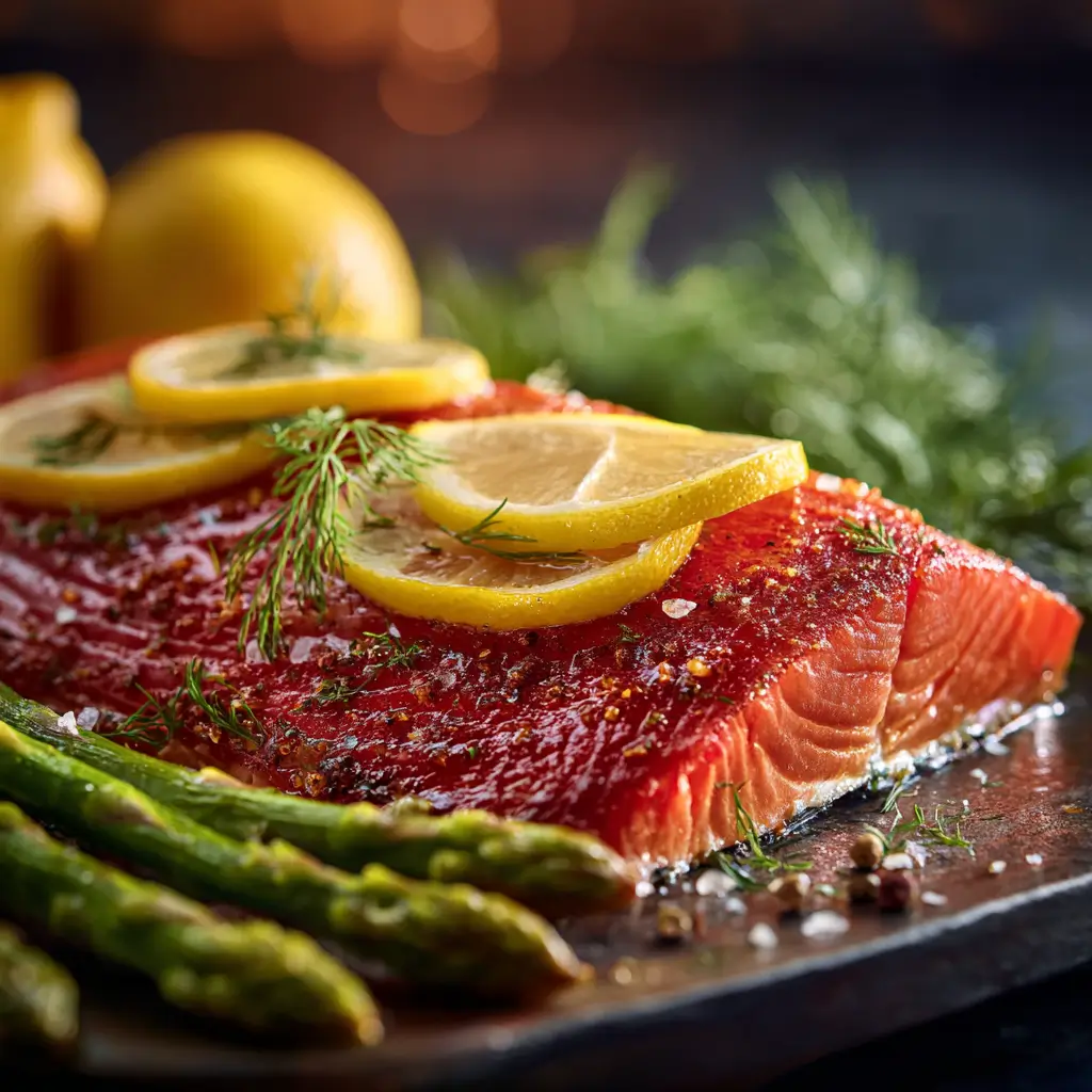 Traeger smoked salmon fillet served with lemon and herbs