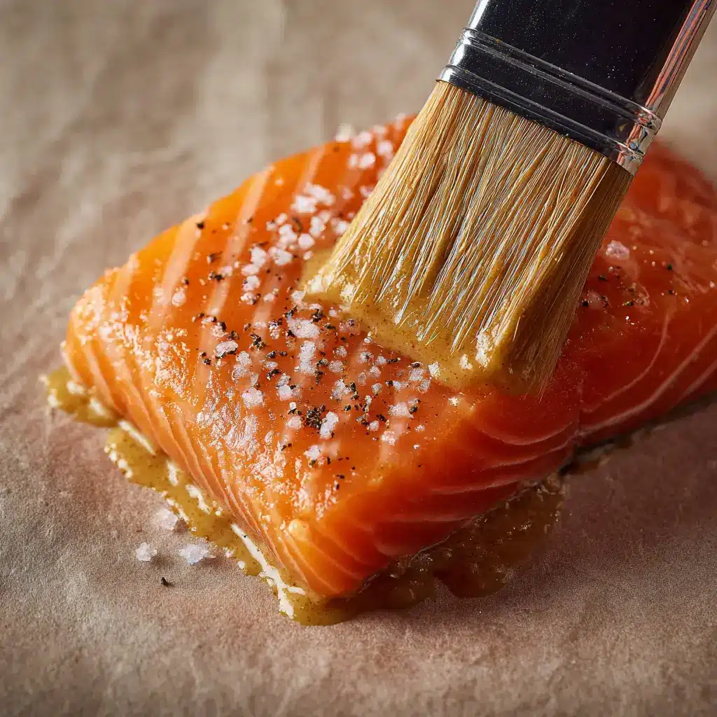 Preparing beginner smoked salmon with mustard and seasoning