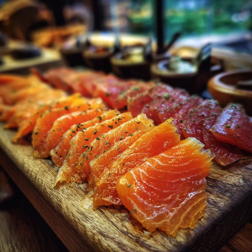 Smoked salmon texture difference shown in close-up slices.