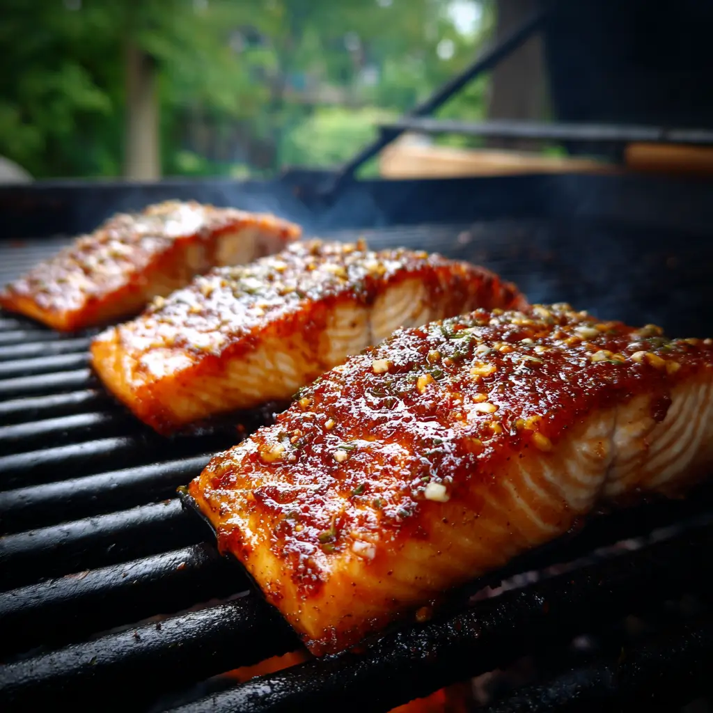 Salmon fillets smoking over alder wood with homemade rub