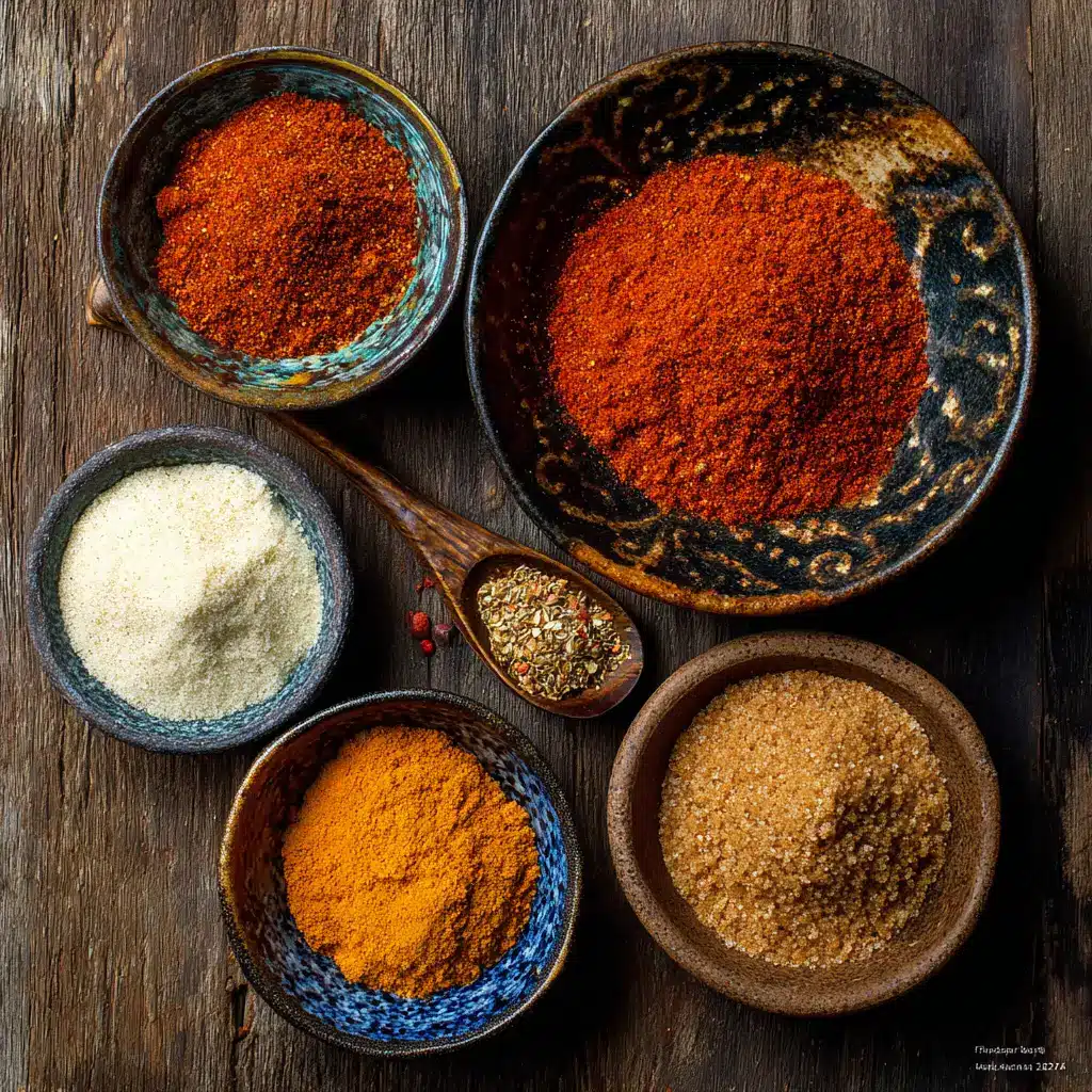 ingredients for spicy smoked salmon rub including chili and paprika