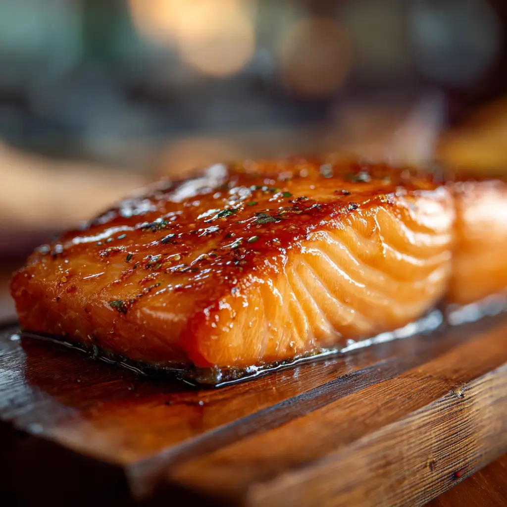 Traeger smoked salmon fillet fresh off the grill with golden crust