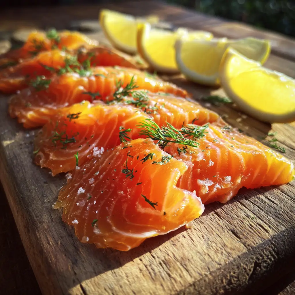 what is lightly smoked salmon on a wooden board