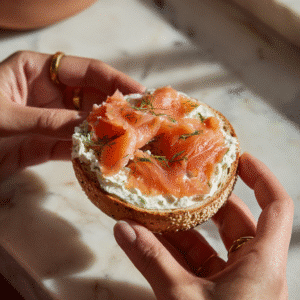 Assembling an open faced smoked salmon bagel with cream cheese and dill.