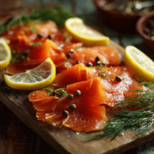 Beginner smoked salmon served on a wooden board with lemon and dill.