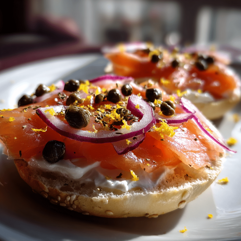 smoked salmon bagel toppings with capers onion and lemon zest