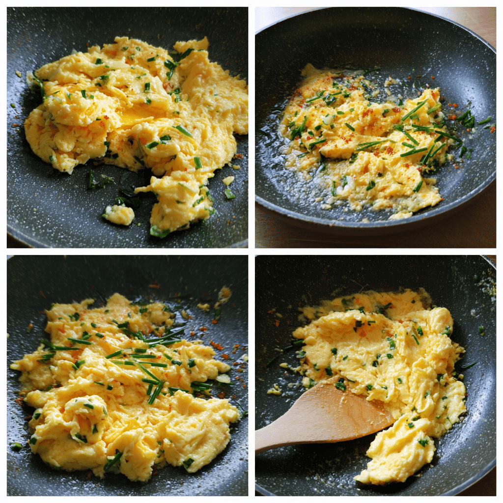 Creamy Smoked Salmon and Chive Scrambled Eggs – A Perfect Gourmet Breakfast 4 Cooking smoked salmon chive scrambled eggs in pan