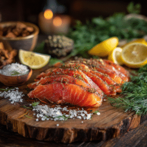 DIY Smoked Salmon at Home — Step-by-Step Guide to Perfect Homemade Flavor 5 DIY smoked salmon on wooden board with lemon and dill.