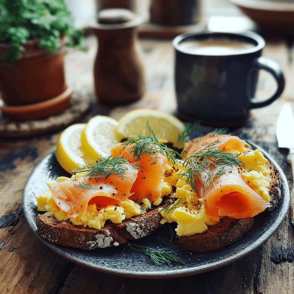 classic smoked salmon scrambled eggs served with toast and coffee