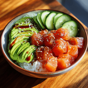 30-Minute Salmon Poke Recipe – A Fresh Hawaiian-Inspired Delight 5 Fresh salmon poke recipe bowl with avocado and sesame seeds