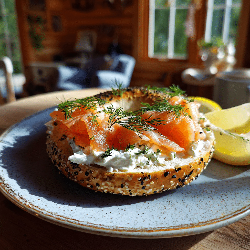 herbed cream cheese salmon bagel served with dill and lemon