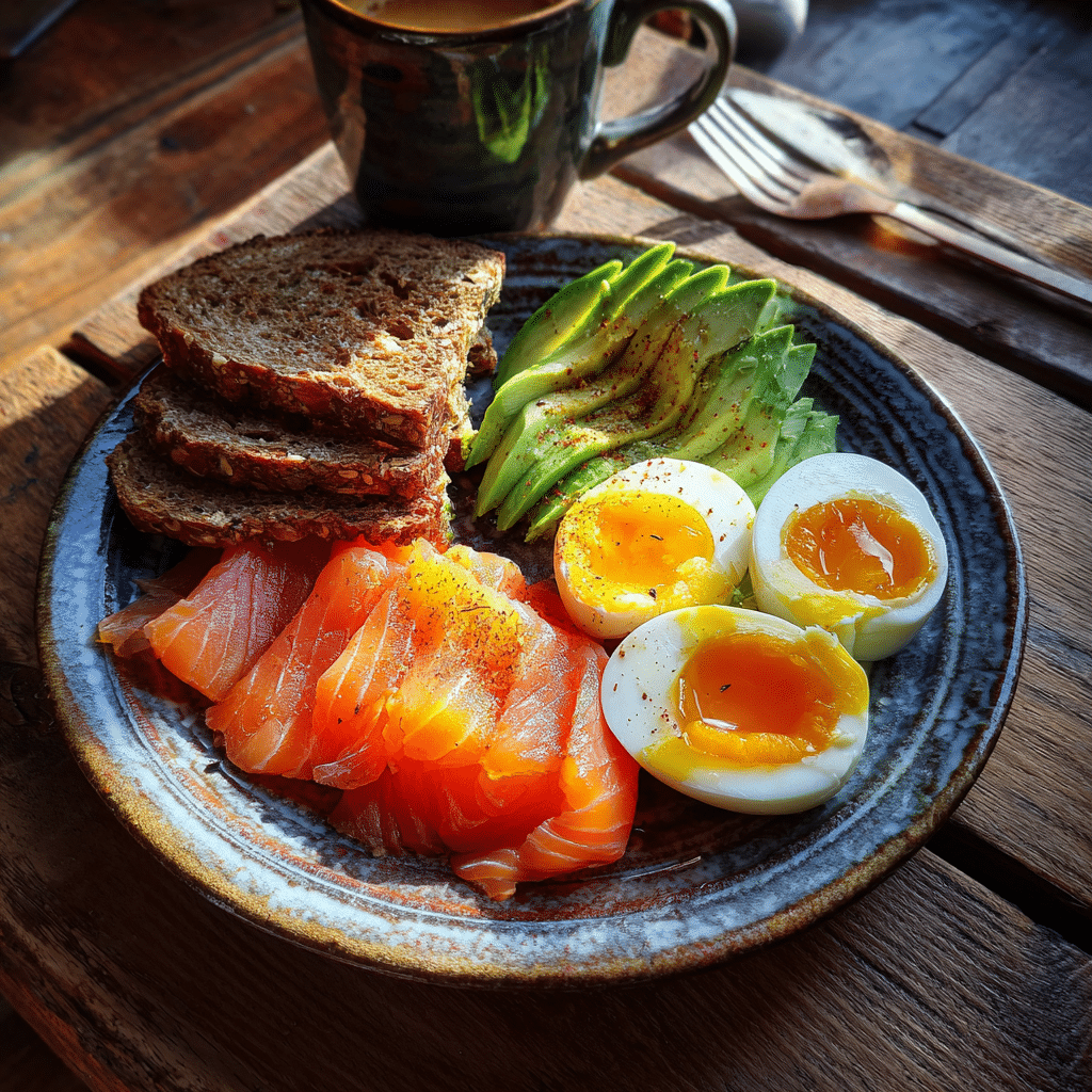 High protein smoked salmon breakfast with avocado and eggs