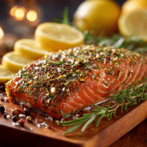 lemon herb smoked salmon rub on wooden board with herbs and lemon slices