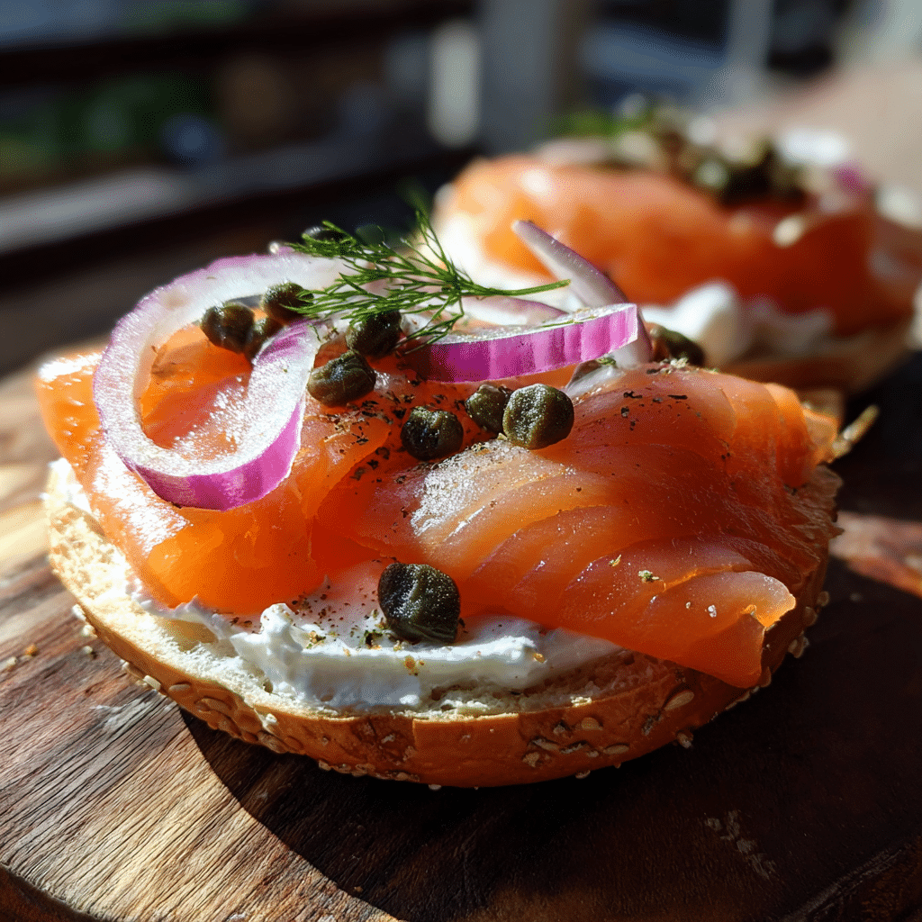 Open faced smoked salmon bagel on rustic breakfast table with cream cheese and dill.
