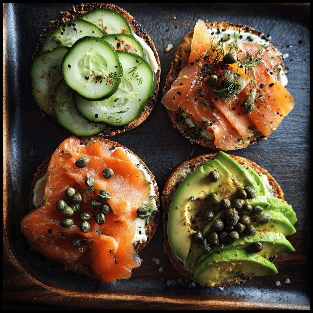 Three variations of open faced smoked salmon bagels with different toppings.