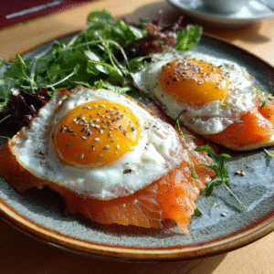Post-workout high protein smoked salmon breakfast with eggs