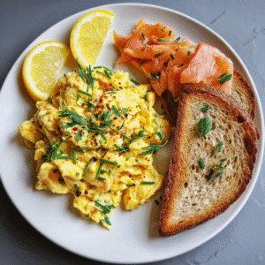 Creamy Smoked Salmon and Chive Scrambled Eggs – A Perfect Gourmet Breakfast 5 Served smoked salmon chive scrambled eggs with toast and herbs