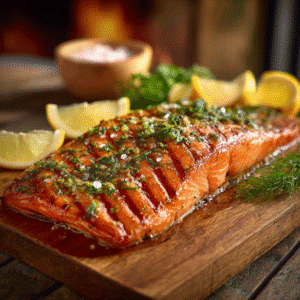 serving smoked salmon from a pellet grill with lemon and dill
