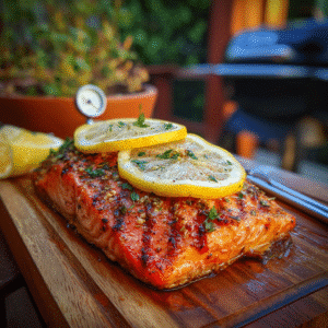 serving smoked salmon cooked on Traeger grill