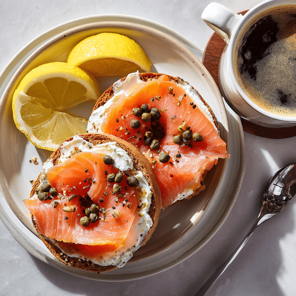 Smoked salmon bagel breakfast rich in protein