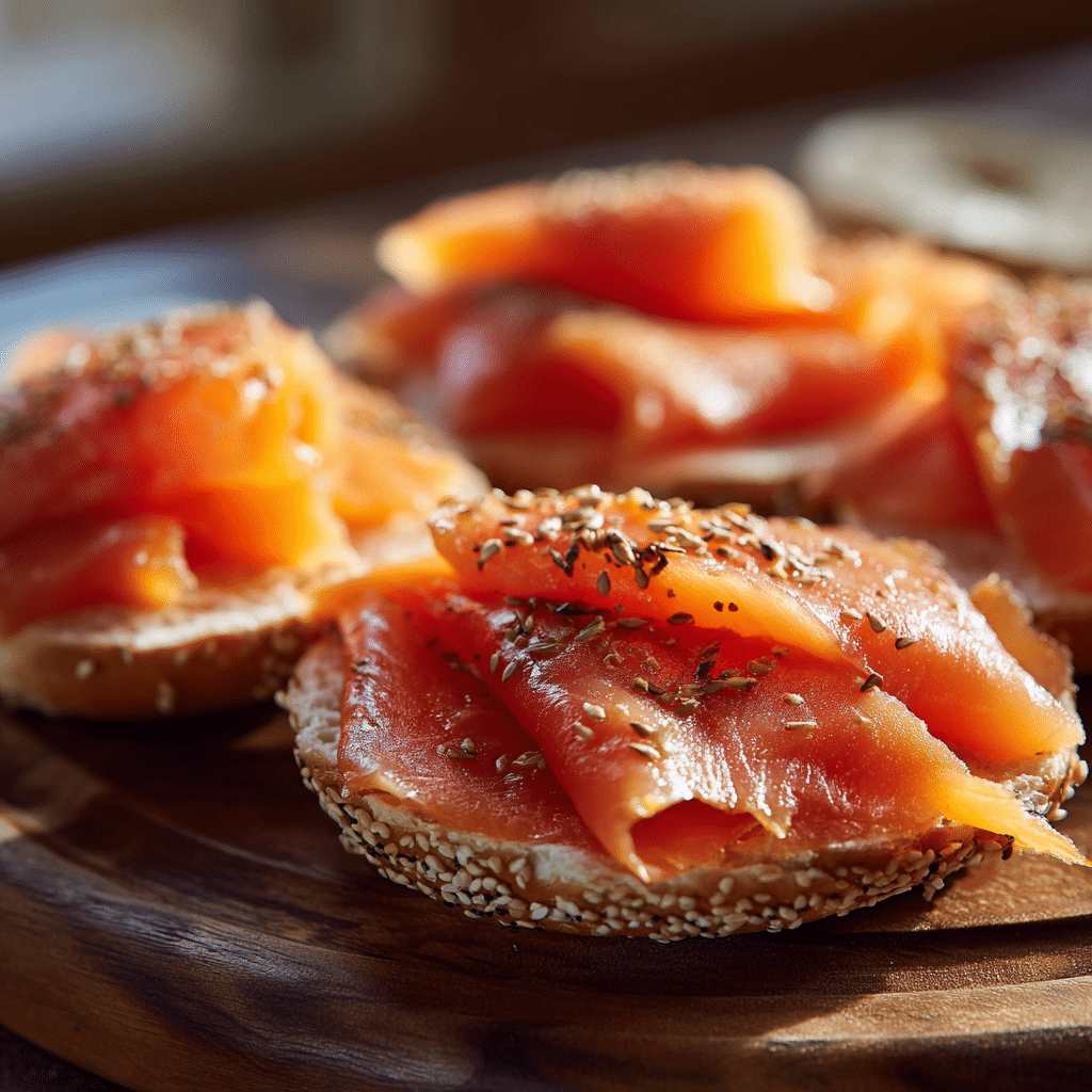 Ingredients for open faced smoked salmon bagel including smoked salmon and bagels.