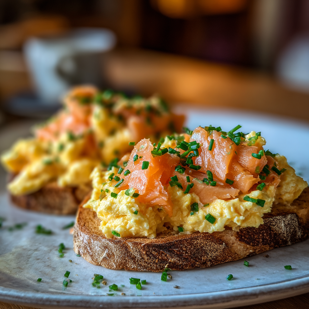 Creamy Smoked Salmon and Chive Scrambled Eggs – A Perfect Gourmet Breakfast 2 Creamy smoked salmon chive scrambled eggs on toast