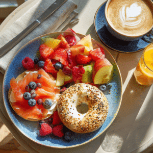 smoked salmon egg bagel brunch table setup