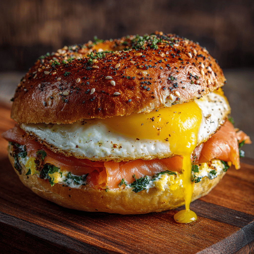 smoked salmon egg bagel breakfast close-up
