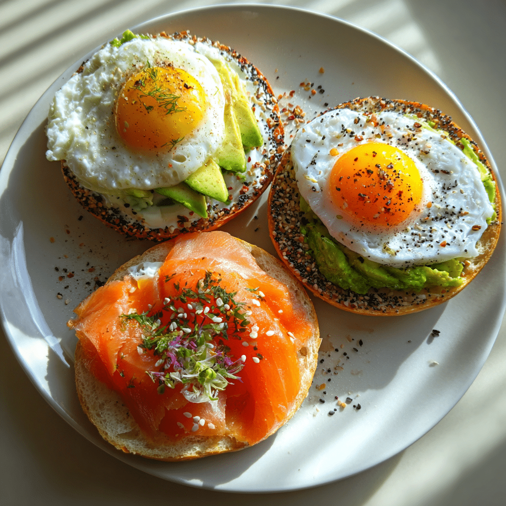 smoked salmon egg bagel variations with avocado and poached egg