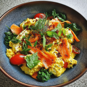 smoked salmon egg white scramble with vegetables