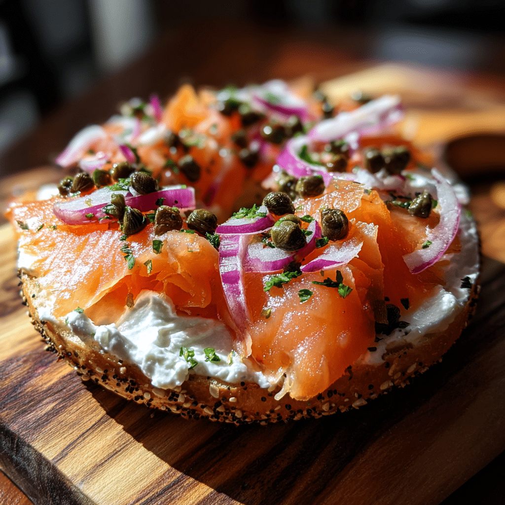 Smoked salmon everything bagel with cream cheese and capers