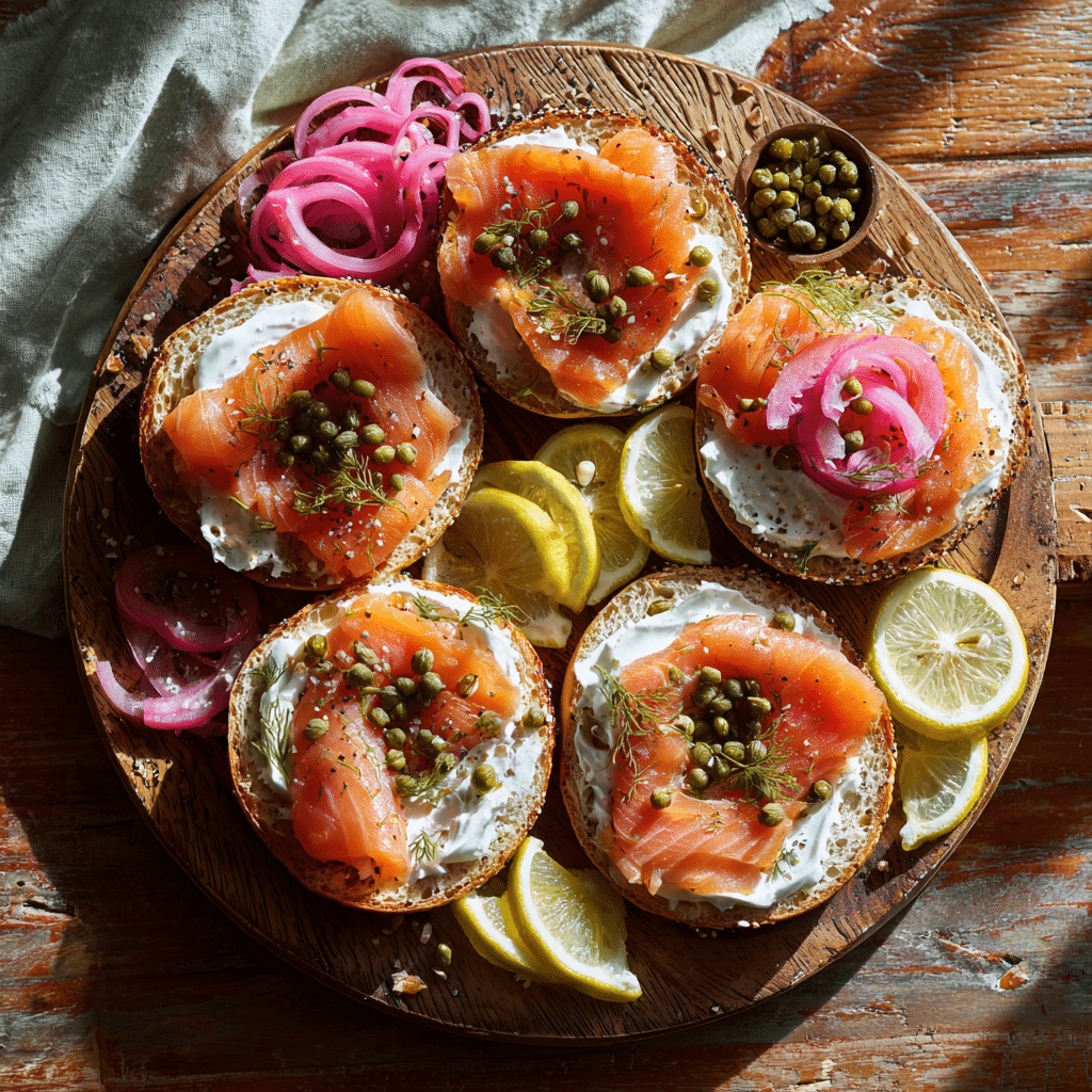 smoked salmon horseradish bagel brunch board with cream cheese and pickled onions