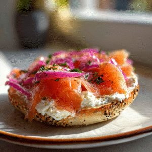 close-up smoked salmon horseradish bagel showing creamy layers and pickled onions
