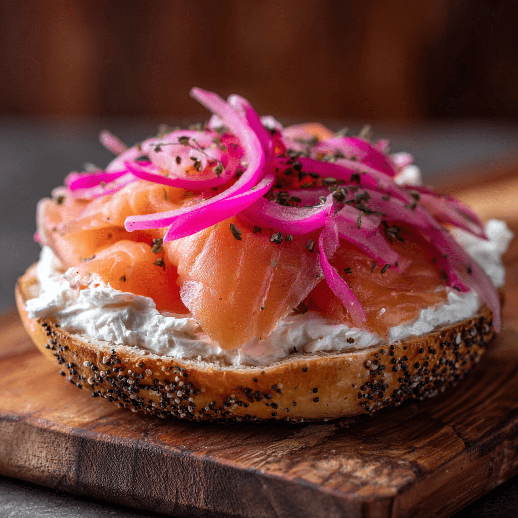 smoked salmon horseradish bagel with pickled onions and creamy horseradish spread