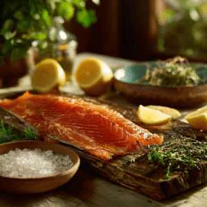 Homemade smoked salmon without a smoker on a wooden board