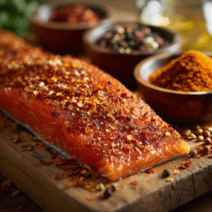 spicy smoked salmon rub with chili flakes and paprika