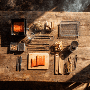 Essential tools for smoking salmon displayed on wooden table