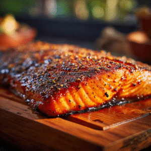 Traeger smoked salmon fillet on cedar plank inside pellet grill
