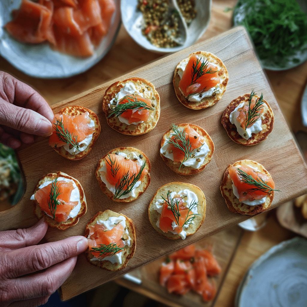 platter of smoked salmon blinis with herbs and caviar