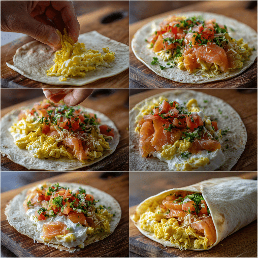 Smoked Salmon Breakfast Burrito – A Flavor-Packed Morning Favorite 4 assembling smoked salmon breakfast burrito with eggs and cream cheese