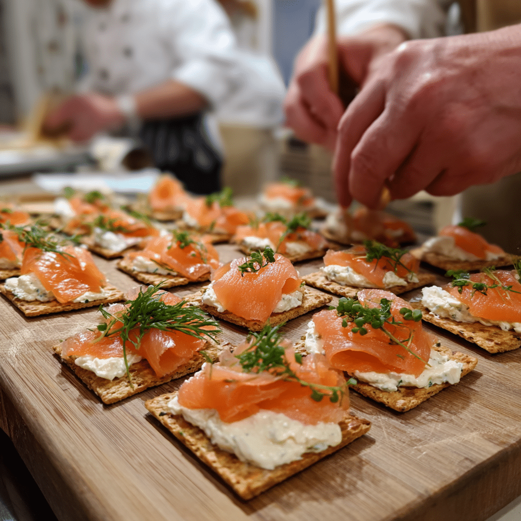 Assembling smoked salmon canapés step by step