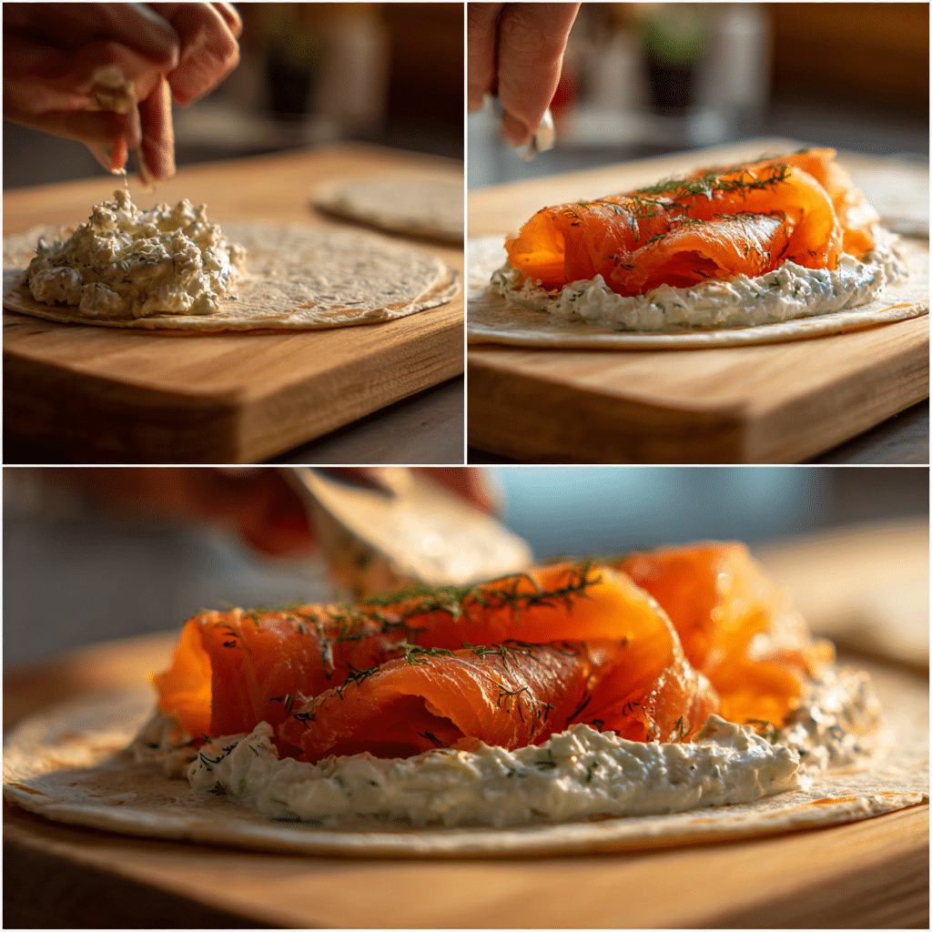assembling a smoked salmon cream cheese wrap