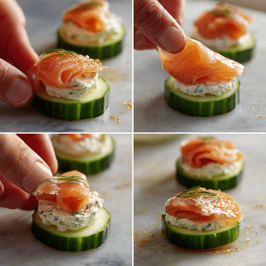 assembling smoked salmon cucumber bites step by step