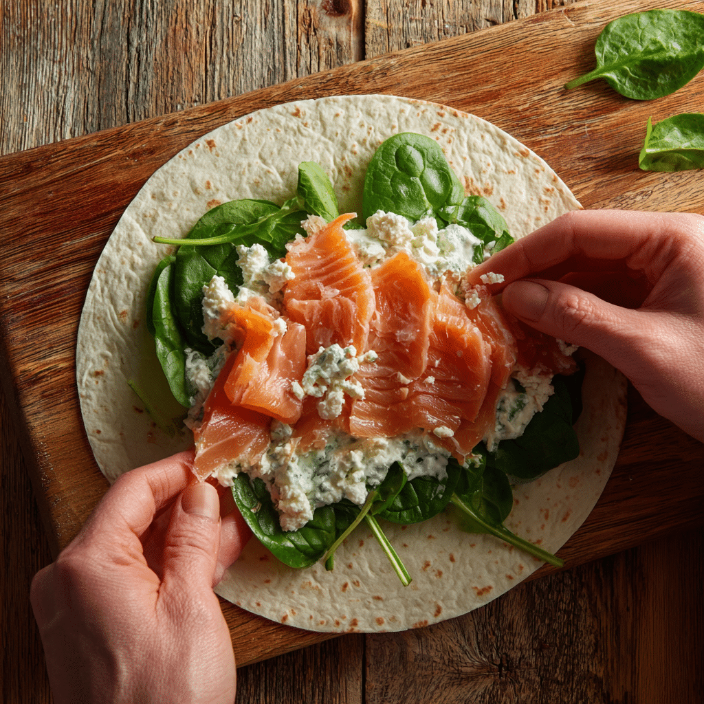 Assembling smoked salmon feta wrap with spinach and feta